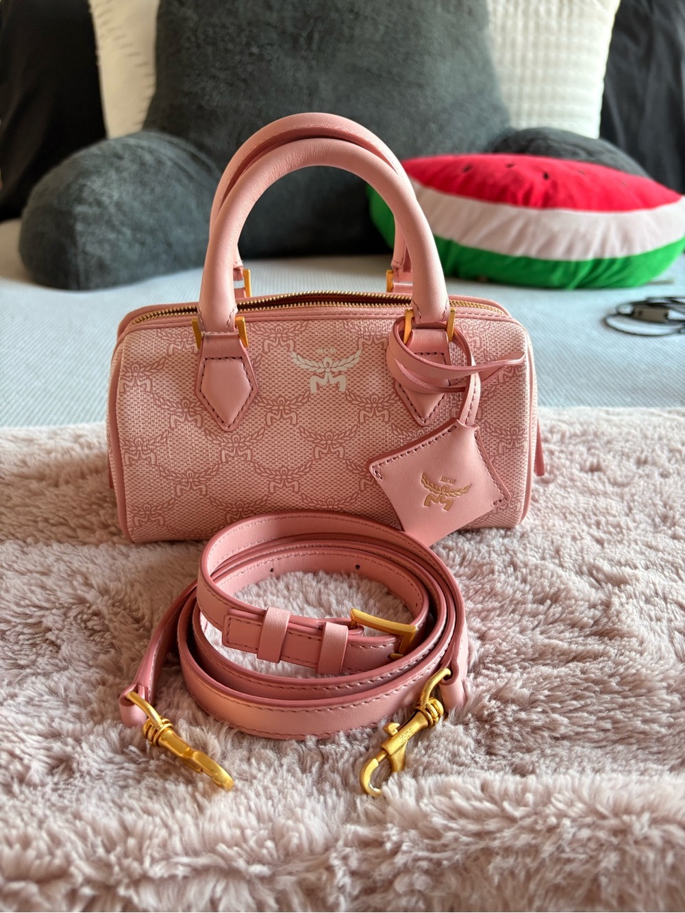MCM Pink Mini Top-Handle Crossbody Bag with Gold Hardware